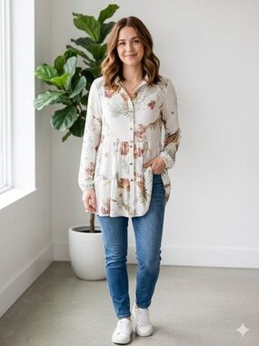 new directions Cream Floral Button-Tiered Tunic
